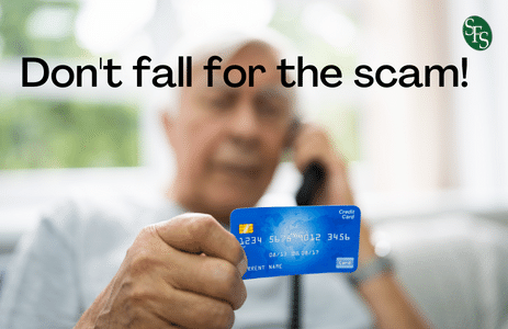 Don't fall for the scam! - Image of man on phone holding credit card