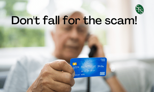 Don't fall for the scam! - Image of man on phone holding credit card