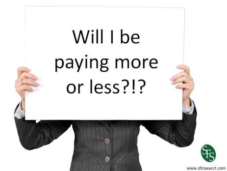 What did the tax cuts and jobs act do to my income tax, lady holding a sign, will i be paying more or less, lady in a business suit, SFS Tax