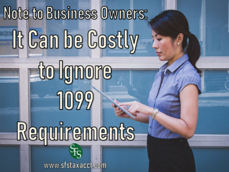 Note to Business Owners, It Can be Costly to Ignore 1099 Requirements, SFS Tax, Woman in Business Dress, Ipad, windows, urban environment
