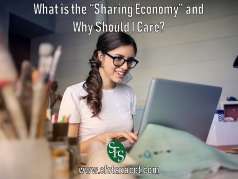 What is the Sharing Economy and Why Should I Care, SFS Tax, SFS Tax and Accounting Services, woman working, woman in glasses, side ponytail, brunette, laptop, paintbrushes, colored pencils