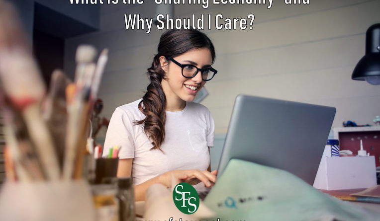 What is the Sharing Economy and Why Should I Care, SFS Tax, SFS Tax and Accounting Services, woman working, woman in glasses, side ponytail, brunette, laptop, paintbrushes, colored pencils