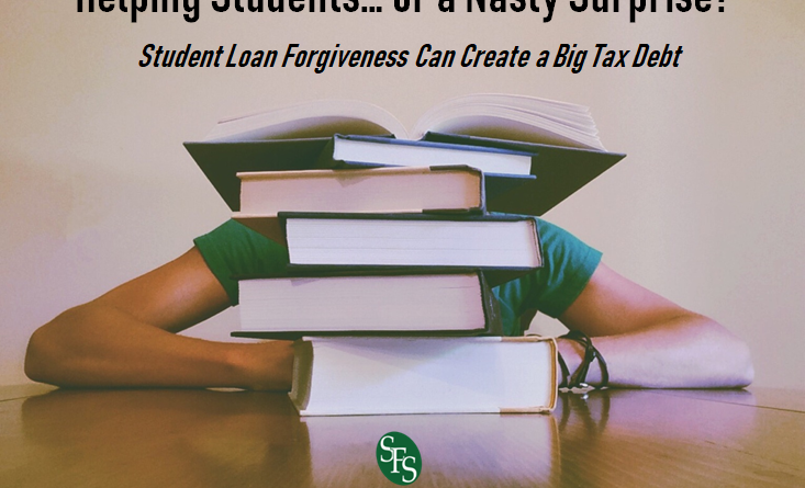 Helping Students or a Nasty Surprise, Student Loan Forgiveness Can Cause a Big Tax Debt, SFS Tax, SFS Tax and Accounting, books, student hiding behind books, green shirt, black bracelets, wood table