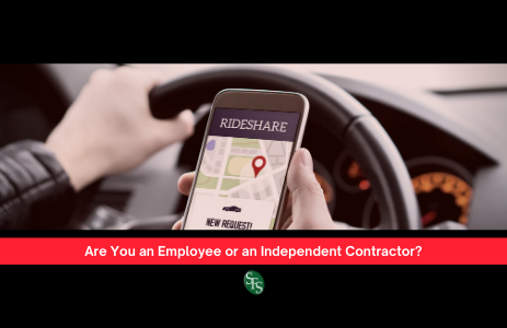 Employee or an Independent Contractor? Man's hand holding cell phone with the words Rideshare on the screen. Text Are You an Employee or an Independent Contractor