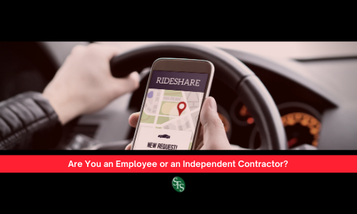 Employee or an Independent Contractor? Man's hand holding cell phone with the words Rideshare on the screen. Text Are You an Employee or an Independent Contractor